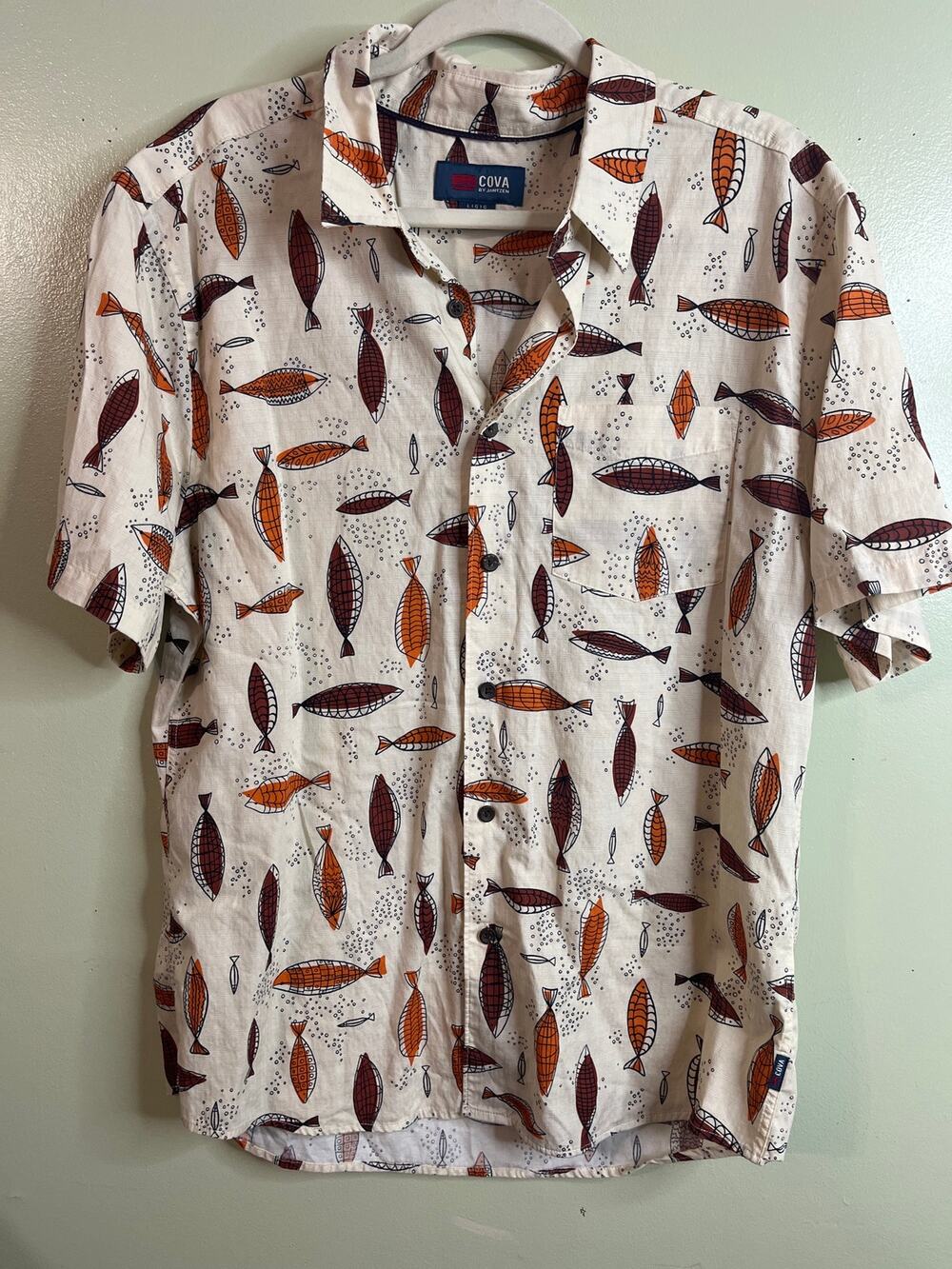 Cova Jantzen Men’s Fish Print Short Sleeve Button Up Casual Shirt Size Large